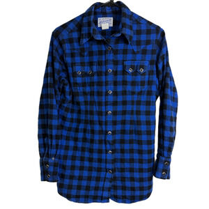 Vtg Rockmount Ranch Wear Western Shirt Womens Large Blue Black Check Diamond
